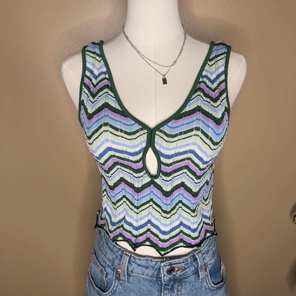 Torn by Ronny Kobo Green Blue Chevron Striped Keyhole Tank Top Size L Y2K Retro